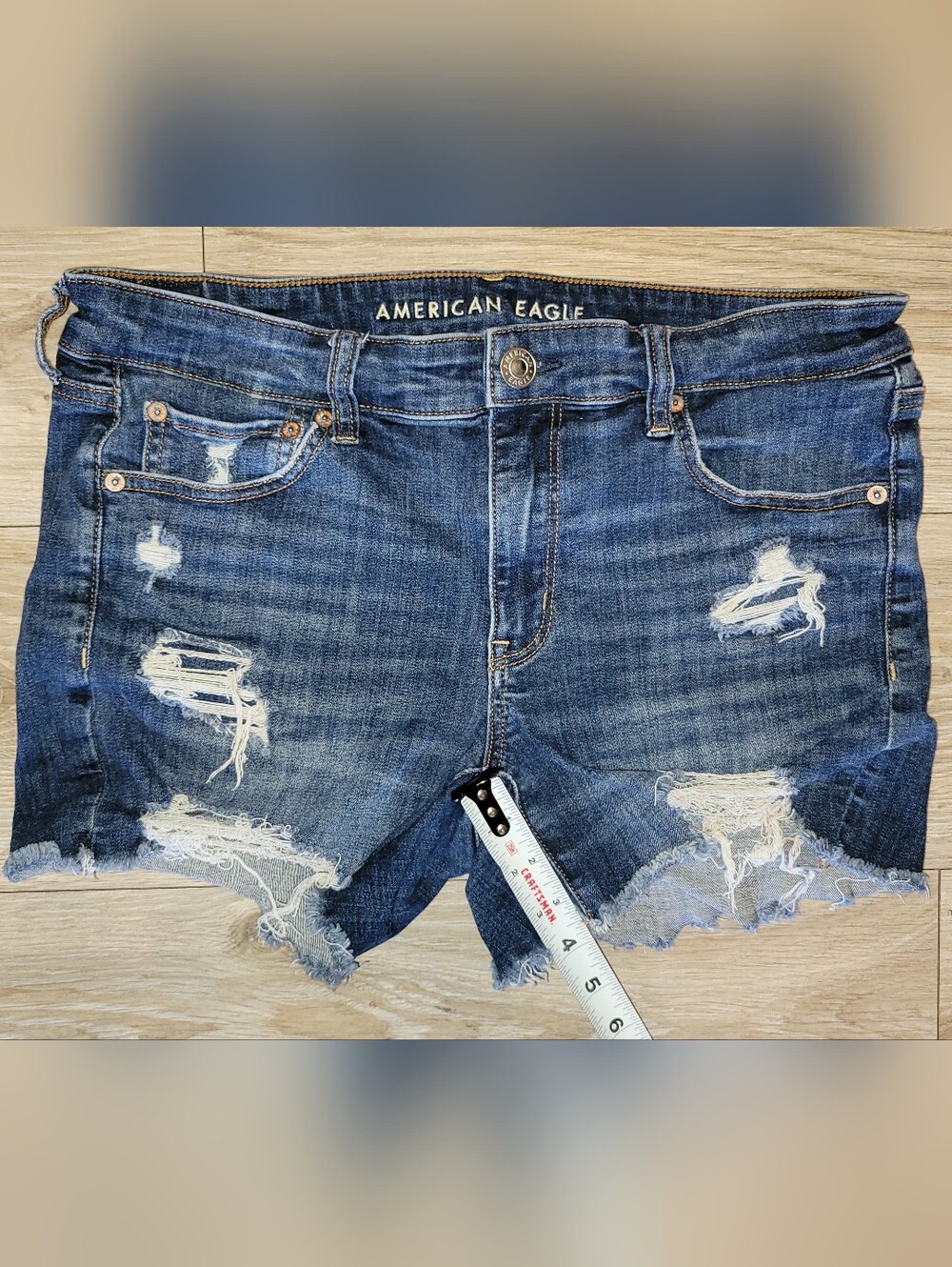 American Eagle Outfitters Distressed Dark Blue Denim Midi Shorts
